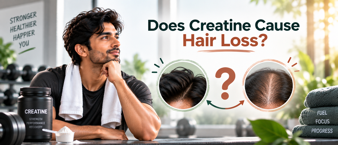 Does creatine cause hair loss? Hero image showing creatine supplementation, fitness, and hair-loss concerns with a visual comparison of fuller and thinning hair.