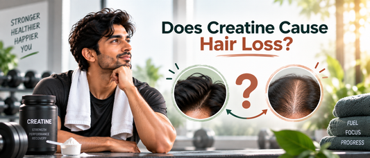 Does creatine cause hair loss? Hero image showing creatine supplementation, fitness, and hair-loss concerns with a visual comparison of fuller and thinning hair.