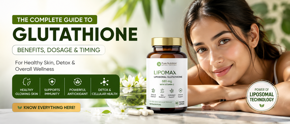 Does glutathione lighten skin? Healthy Indian woman with Pure Nutrition LipoMax Liposomal Glutathione supplement illustrating evidence-based skin health.