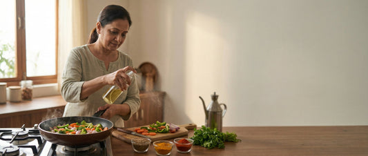 Indian woman using an oil spray while cooking vegetables in a home kitchen, showing mindful oil use and portion control
