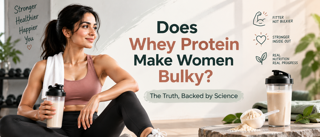 Does whey protein make women bulky? Hero banner showing a woman with a protein shake and highlighting how whey protein supports strength and fitness without automatically causing bulk.