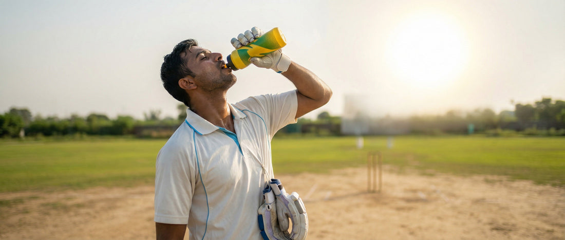 Indian cricket player drinking electrolyte sports drink on field during match to stay hydrated and prevent dehydration