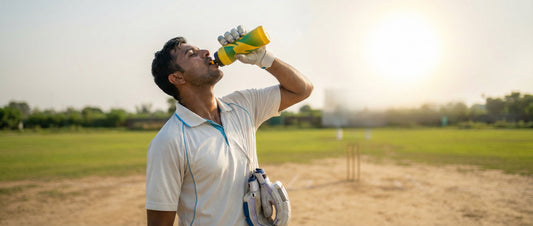 Indian cricket player drinking electrolyte sports drink on field during match to stay hydrated and prevent dehydration