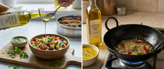 A split-frame comparison showing Extra Virgin Olive Oil drizzled on Indian salad and chutney, alongside Pomace Olive Oil being used for frying tadka in a hot kadhai.