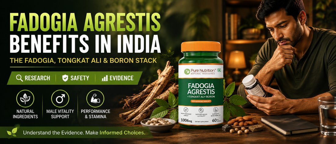 Fadogia agrestis benefits in India - Indian man researching a Fadogia Agrestis, Tongkat Ali and boron supplement  
