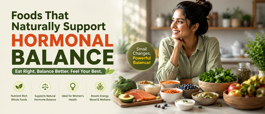 Foods for hormonal balance with healthy Indian groceries on a kitchen table  