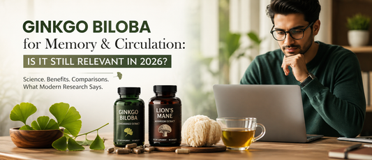 Young Indian professional comparing Ginkgo Biloba and Lion’s Mane supplements for memory and focus in 2026