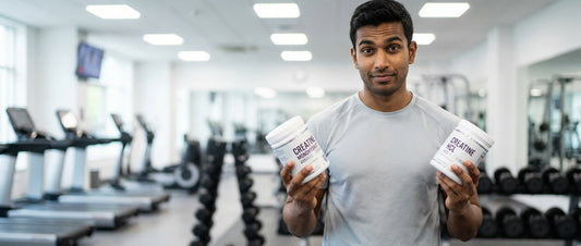 Indian male athlete comparing Creatine Monohydrate and Creatine HCL supplement containers at a gym