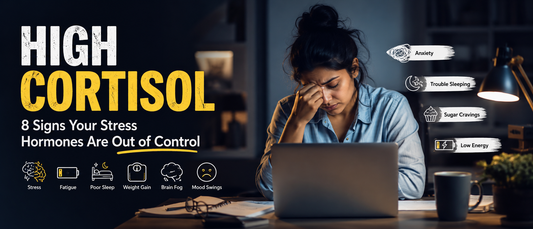 Woman experiencing high cortisol symptoms including stress, fatigue, poor sleep, and anxiety while working late at night