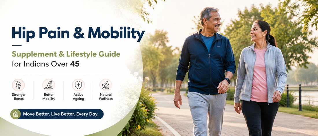 Indian man and woman over 45 improving hip mobility through walking and healthy lifestyle habits for better bone and joint health.