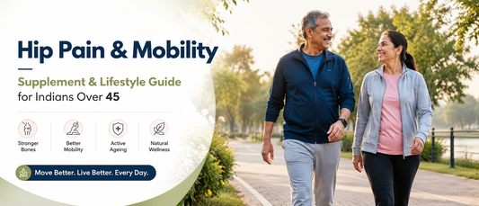 Indian man and woman over 45 improving hip mobility through walking and healthy lifestyle habits for better bone and joint health.