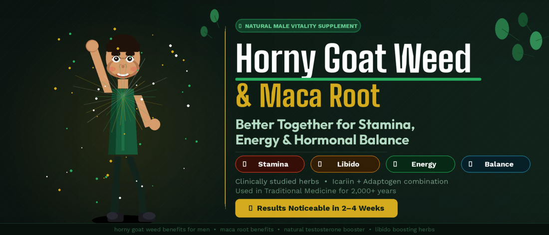 Athletic man showing power pose with Horny Goat Weed and Maca Root supplement benefits stamina, energy and hormonal balance for men