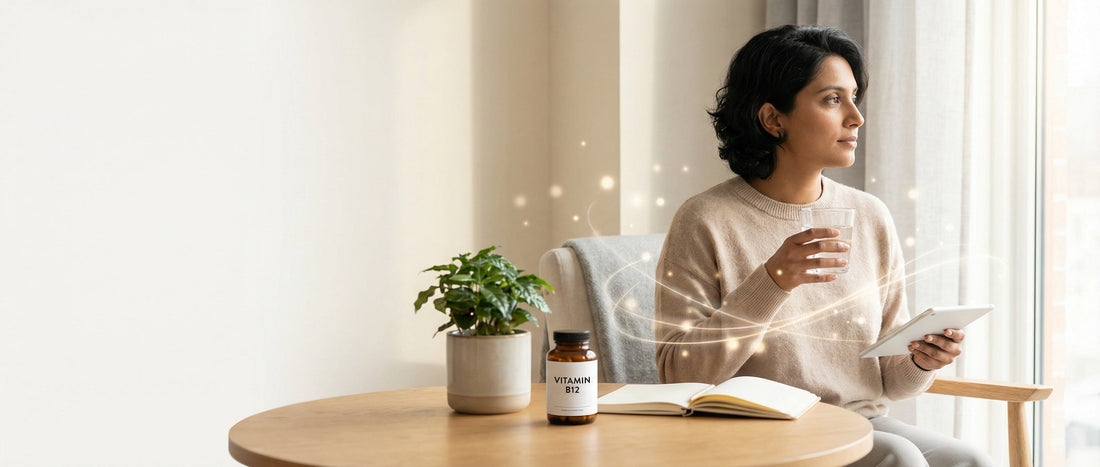 Indian adult holding a vitamin B12 tablet near a window, representing gradual energy improvement and nutritional awareness