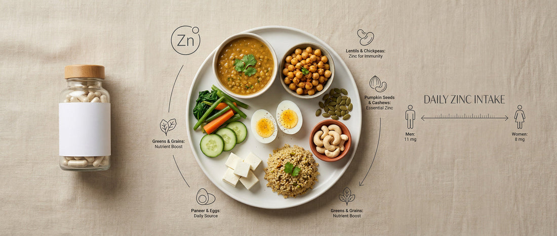 Balanced Indian meal with zinc-rich foods like lentils, pumpkin seeds, paneer, eggs, and whole grains showing daily zinc intake for adults