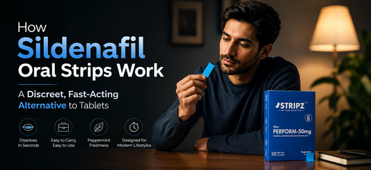 Adult man reading about sildenafil oral strips and comparing a discreet oral strip format with traditional tablets