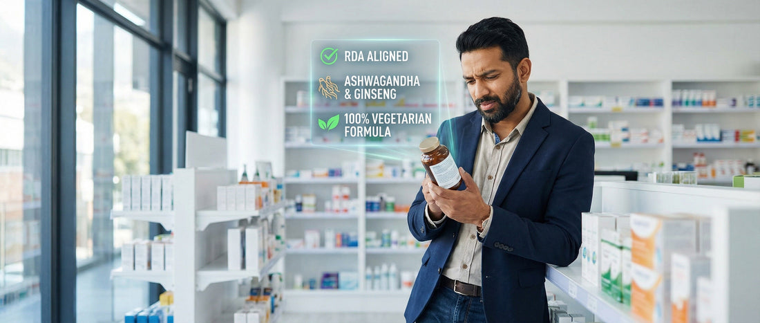 Indian man reading a multivitamin bottle label in a pharmacy with a digital checklist overlay showing RDA compliance, Ashwagandha, and vegetarian icons.