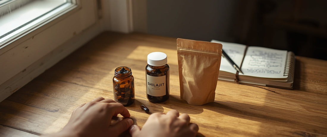 Unbranded shilajit resin, capsules, and powder placed side by side to illustrate careful comparison before choosing a shilajit brand in India