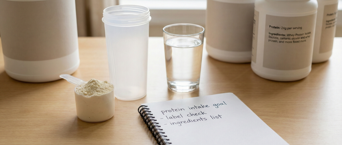 Educational flat lay showing whey protein powder, a shaker bottle, and a nutrition label to explain how to choose whey protein based on individual needs.