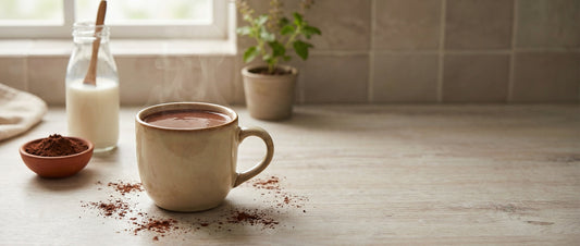 Homemade hot chocolate made with unsweetened cocoa powder in a ceramic mug, styled in a warm Indian kitchen setting