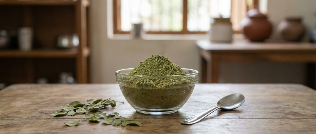 Comparison of moringa powder shades and texture to help identify pure organic moringa powder in India