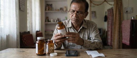 A person in an Indian home carefully examining an unbranded multivitamin supplement bottle to check quality and authenticity.