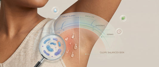Educational illustration showing how bacteria interact with sweat in the underarm area, explaining common causes of body odor in Indian adults