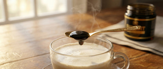 A spoon holding a pea-sized dosage of pure Shilajit resin being mixed into a cup of warm milk.