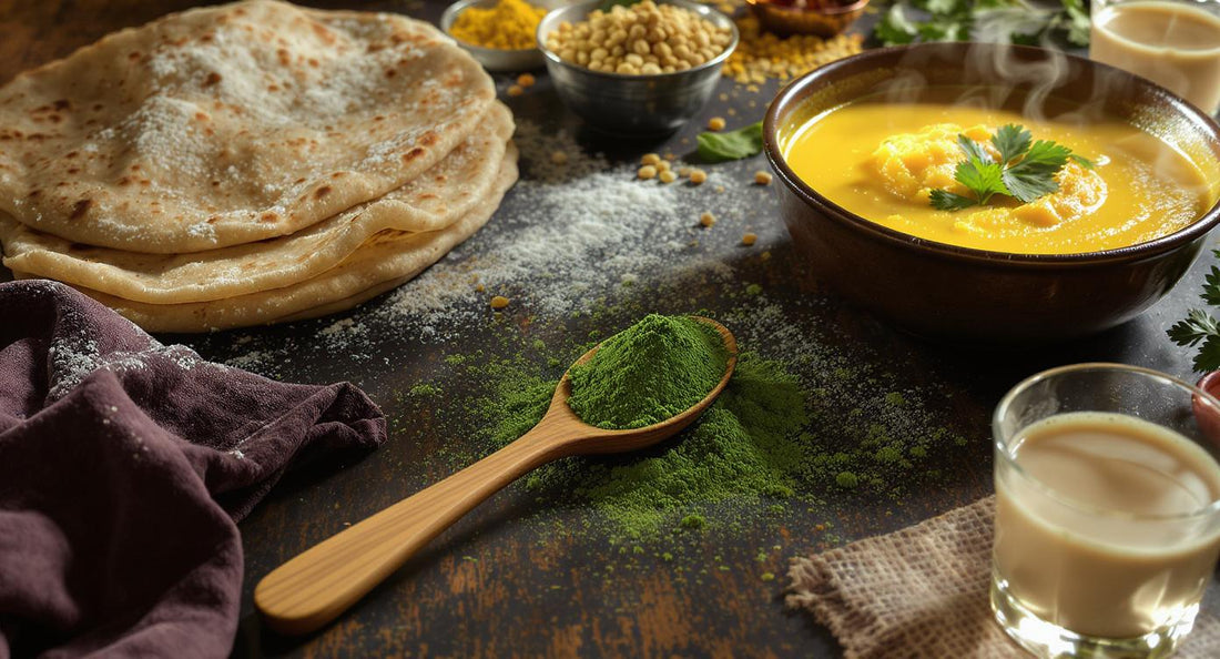 A wooden table displaying a spoon of green moringa powder, fresh green moringa rotis, and dal, illustrating how to use moringa powder in an Indian diet.