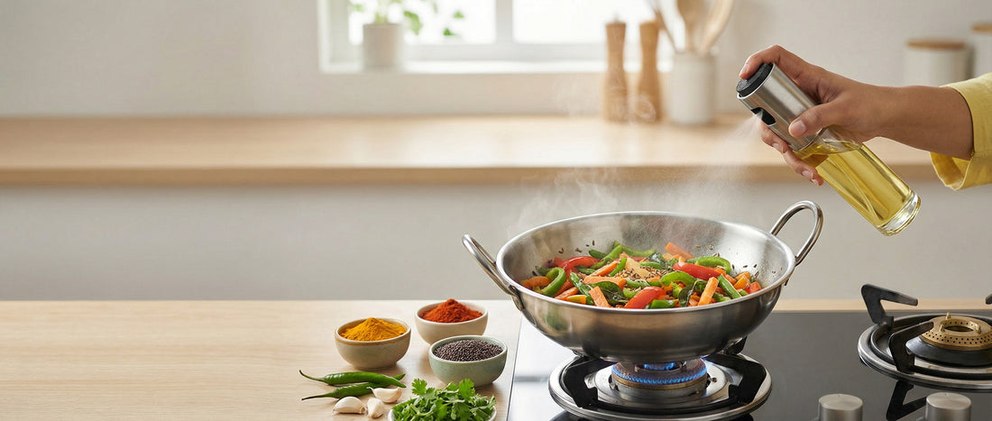 Indian stir fry vegetables being cooked in a kadai using mustard oil spray, with cumin seeds and curry leaves for tadka