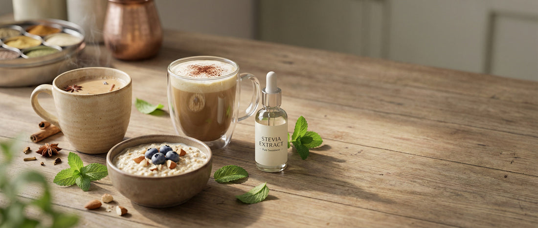 Stevia sweetener used in masala chai, coffee, and light home cooking in an Indian kitchen setting