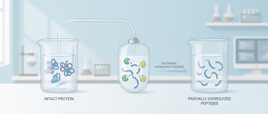 Illustration explaining how hydrolyzed whey protein is produced by breaking intact whey protein into smaller peptide chains using enzymes.