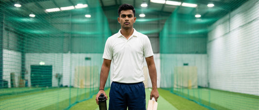 A young Indian cricketer holding a protein shaker bottle and cricket bat inside a professional training facility