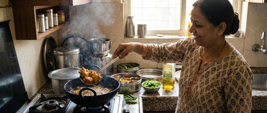 An Indian home cook smiling while deep frying food in a traditional kadhai using a bottle of olive pomace oil, which is visible on the kitchen counter alongside fresh ingredients.