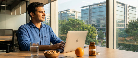 A candid photograph of an Indian man working at a sunlit office desk, with a bottle of multivitamin supplements, water, and healthy snacks placed next to his laptop, symbolizing proactive men's health in a corporate setting.