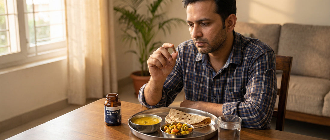 Indian man holding a multivitamin capsule alongside a meal of dal and roti to help fill nutrient deficiency.