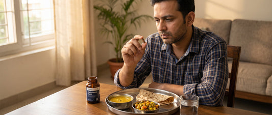 Indian man holding a multivitamin capsule alongside a meal of dal and roti to help fill nutrient deficiency.