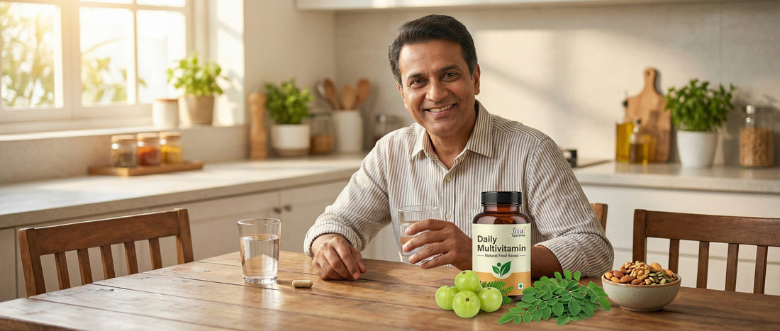 A healthy Indian man in a sunlit kitchen holds a natural, FSSAI-approved multivitamin bottle and a glass of water, with fresh amla and moringa leaves on the table, demonstrating safe daily usage.