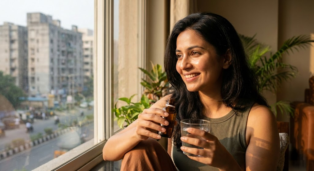 A candid portrait of a young Indian woman with glowing, hydrated skin holding a biotin supplement bottle near a sunny window in an urban apartment.