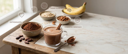 Natural unsweetened cocoa powder with cacao beans and warm cocoa drink, illustrating whether cocoa powder is healthy or just for taste