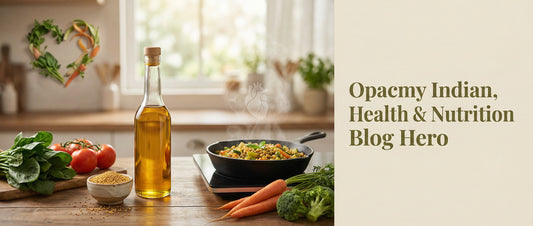 Glass bottle of mustard oil with fresh Indian vegetables and home-cooked food on a wooden kitchen counter, illustrating heart health and balanced cooking.