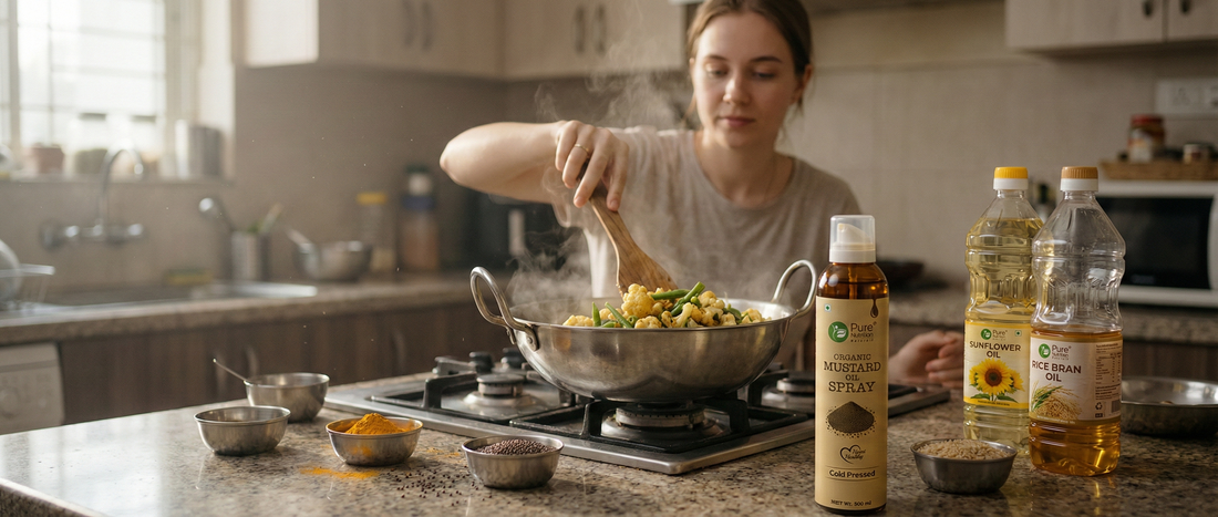 Indian home kitchen scene showing balanced use of mustard oil for everyday cooking with vegetables and other common cooking oils