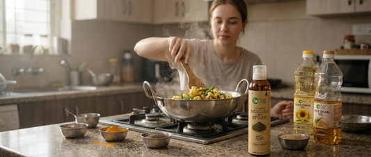 Indian home kitchen scene showing balanced use of mustard oil for everyday cooking with vegetables and other common cooking oils