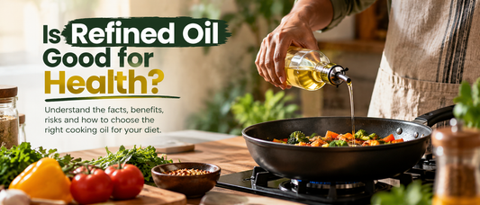 Is refined oil good for health? Cooking oil poured into a pan with fresh vegetables.