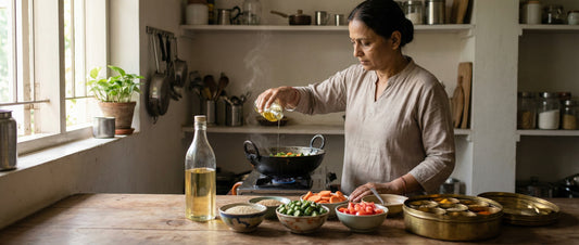 Sesame oil being used for everyday cooking in an Indian kitchen with vegetables and traditional spices