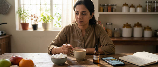 Indian adult comparing stevia and sugar while drinking chai at home, illustrating thoughtful daily sweetener choices