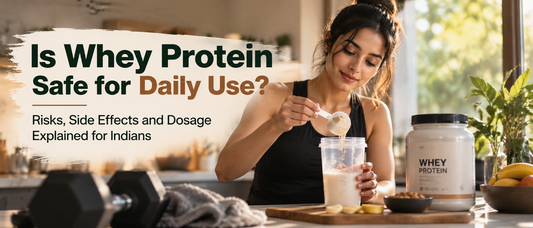 Woman preparing a whey protein shake for a blog about daily use, safety, side effects and dosage