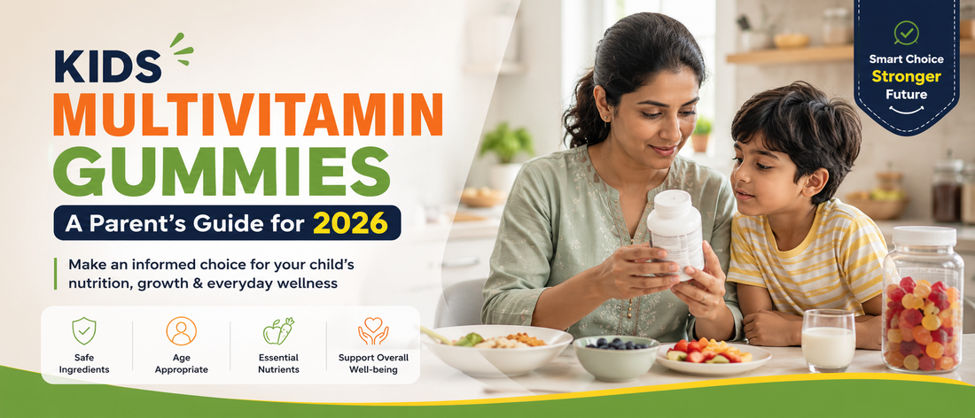Indian mother and child reviewing kids multivitamin gummies at a kitchen table
