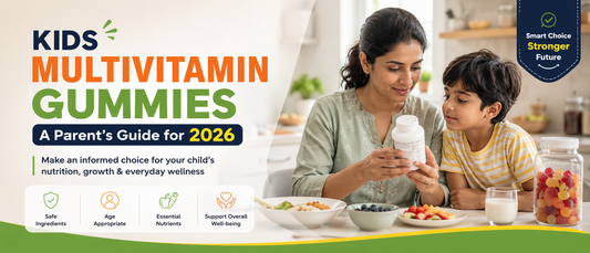 Indian mother and child reviewing kids multivitamin gummies at a kitchen table