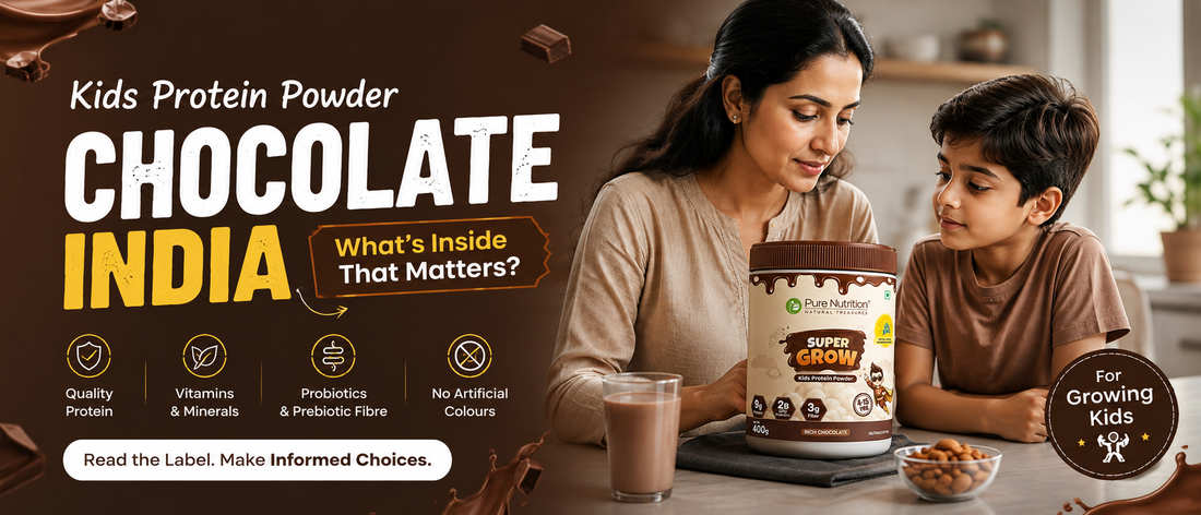 Kids protein powder chocolate India Indian parent examining a chocolate-flavoured kids nutrition powder at home