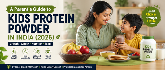 Kids protein powder for healthy growth with Indian mother and child having breakfast